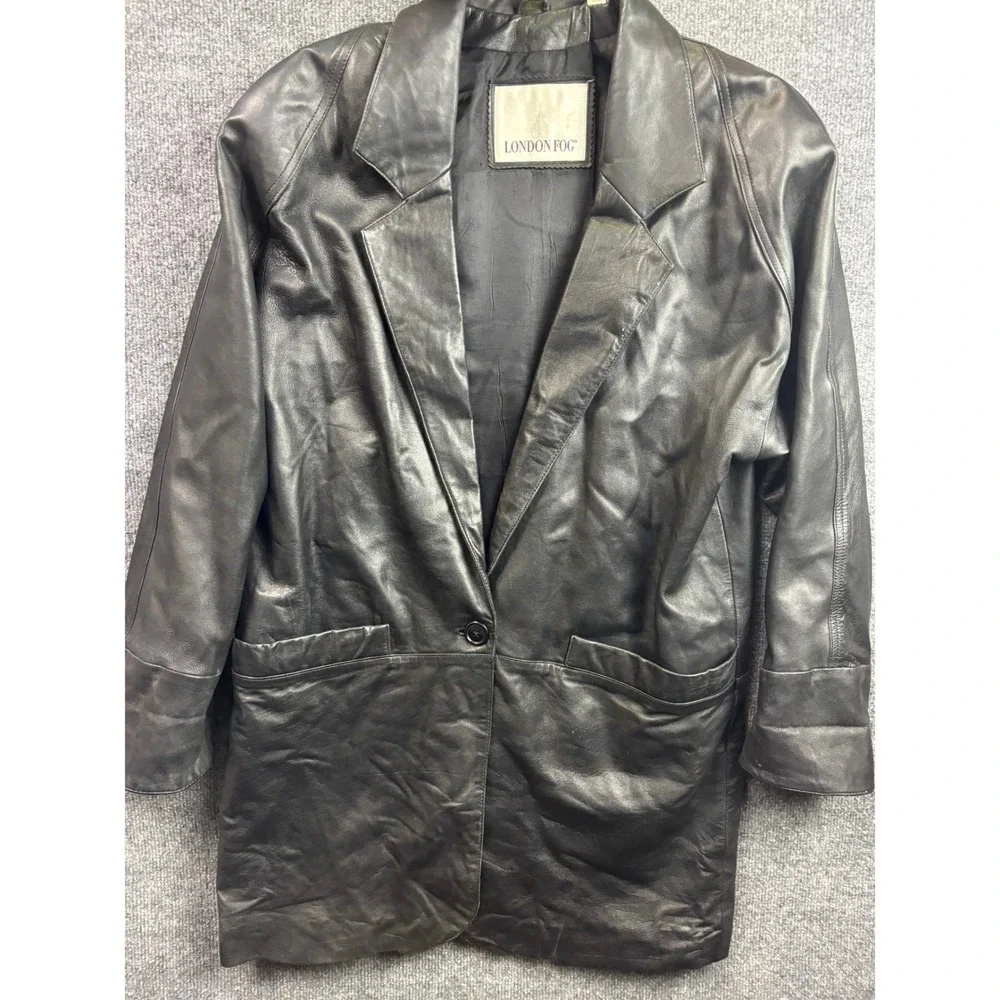London Fog Leather Blazer Jacket Mens Medium Black Single Button Longline Coat